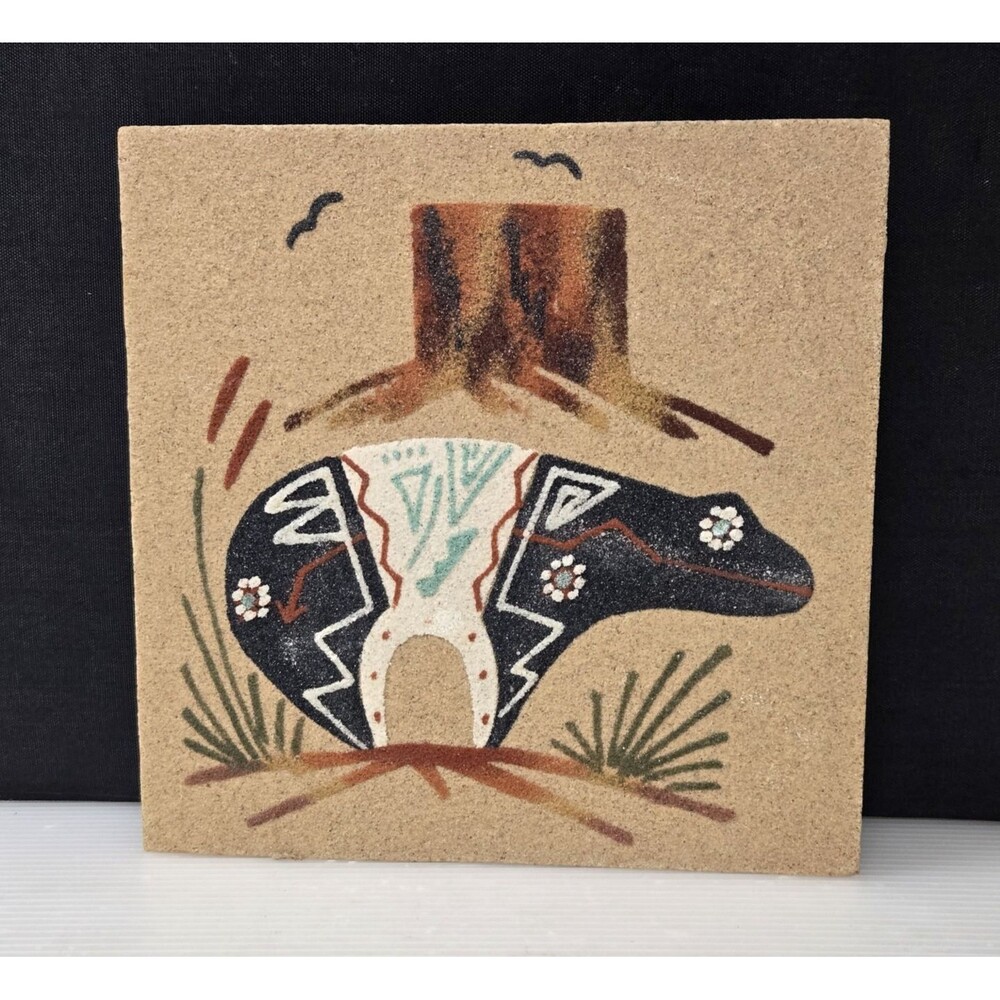 Native American Navajo Sand Painting Sacred Guardian Bear Southwestern Art 6"